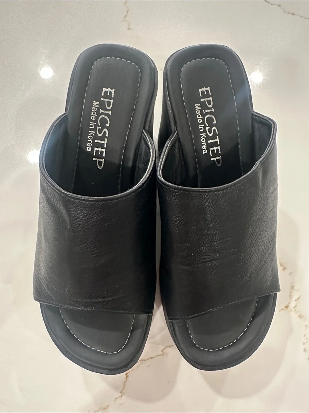 EricsT Black Leather Platform Wedge Slide Sandals